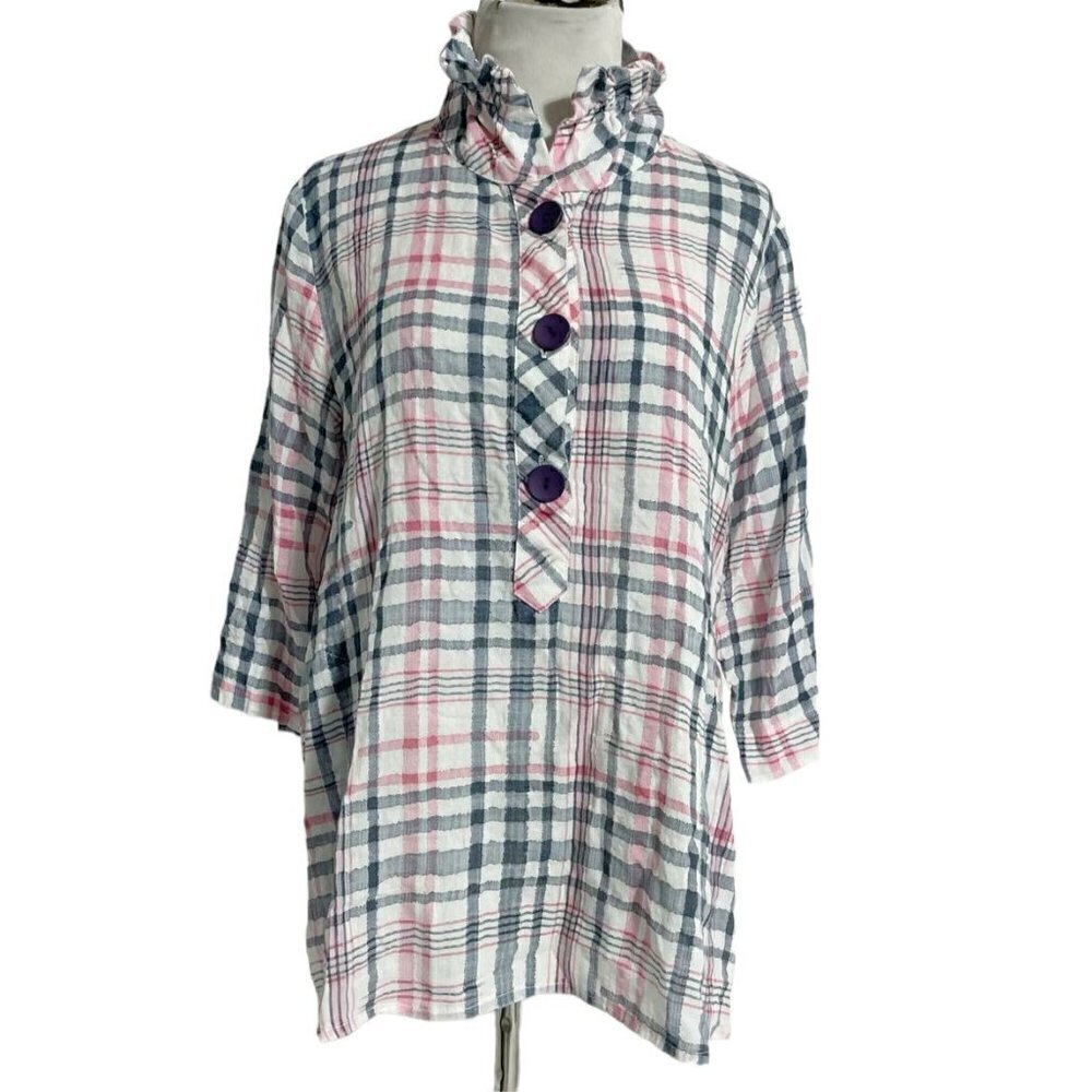 Terra SJ Apparel Medium Top Blouse Button Down Plaid Wired Collar Lagenlook Boho